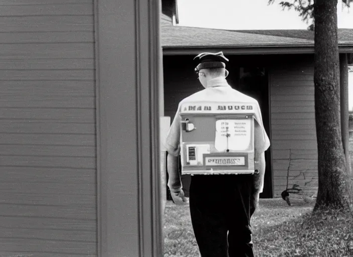 Image similar to a 3 5 mm photo from the back of a mailman delivering the mail to a suburban house in the 1 9 6 0 s, bokeh, canon 5 0 mm, cinematic lighting, dramatic, film, photography, golden hour, depth of field, award - winning, 3 5 mm film grain