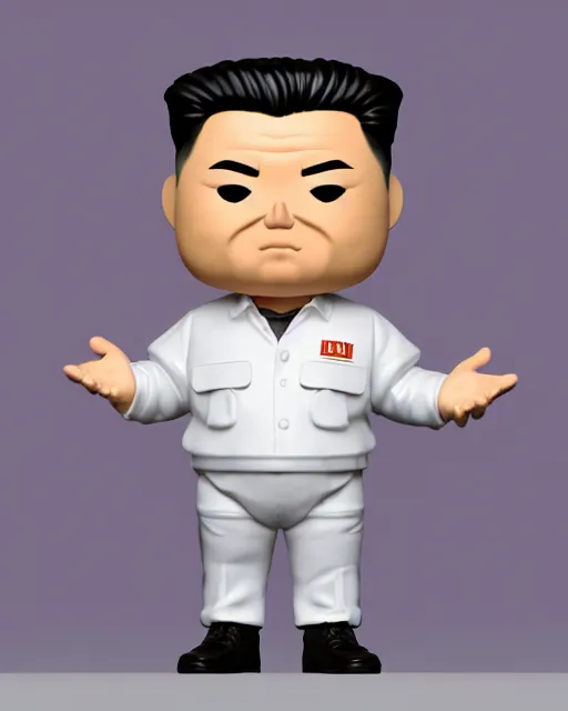 Prompt: full body 3d render of kim yong un as a funko pop, fat, studio lighting, white background, blender, trending on artstation, 8k, highly detailed