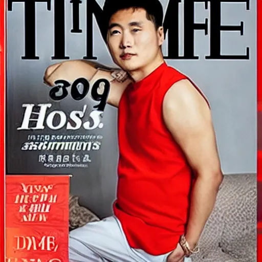 Prompt: times magazine cover of china's first pregnant man, young handsome man, attractive, wearing sleeveless shirt