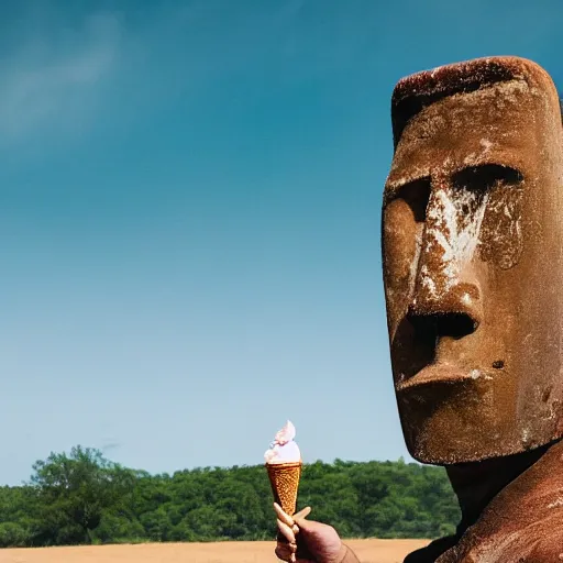 Image similar to a man holding an ice cream cone with a moai 🗿 in it, 4 k photograph