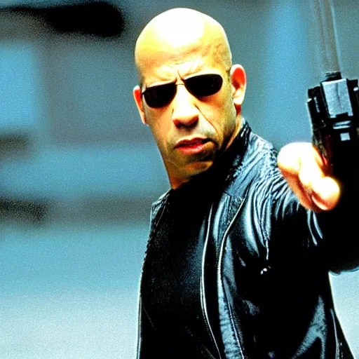 Image similar to film still of vin diesel as neo in The Matrix (1999)