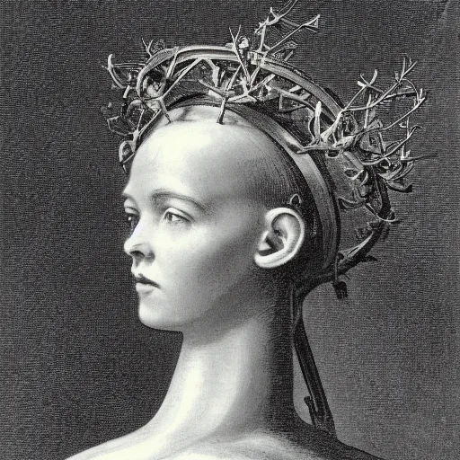 Prompt: a portrait of a robot with a crown of laurels ( c. 1 8 8 0 - 1 8 9 2 ) drawing in high resolution by otto eerelman