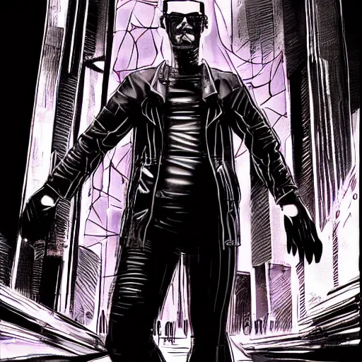 Image similar to a cyberpunk italian man with slicked back hair, in a cyberpunk setting, comic book art, cyberpunk, art by stan lee, pen drawing, inked, colorful, bright high tech lights, dark, moody, dramatic, deep shadows, marvel comics, dc comics