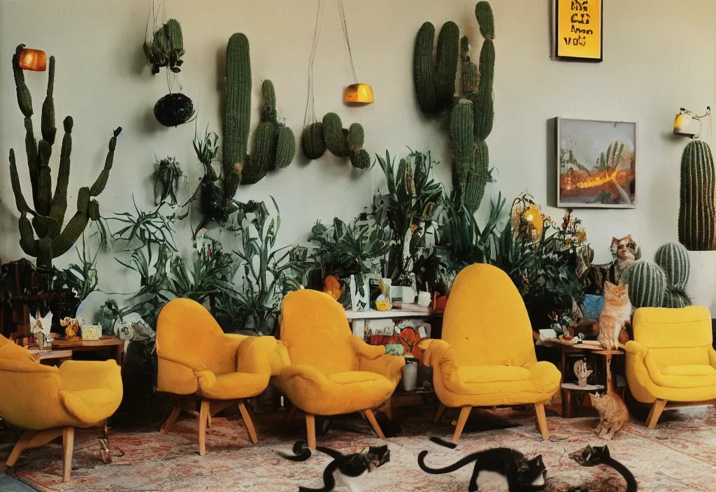 Prompt: 1970s interior magazine photo of two yellow armchairs with a glowing lava lamp next to it, at dusk, with kittens in the chairs, wooden walls with framed art, and a potted cactus and some hanging plants, with dappled light