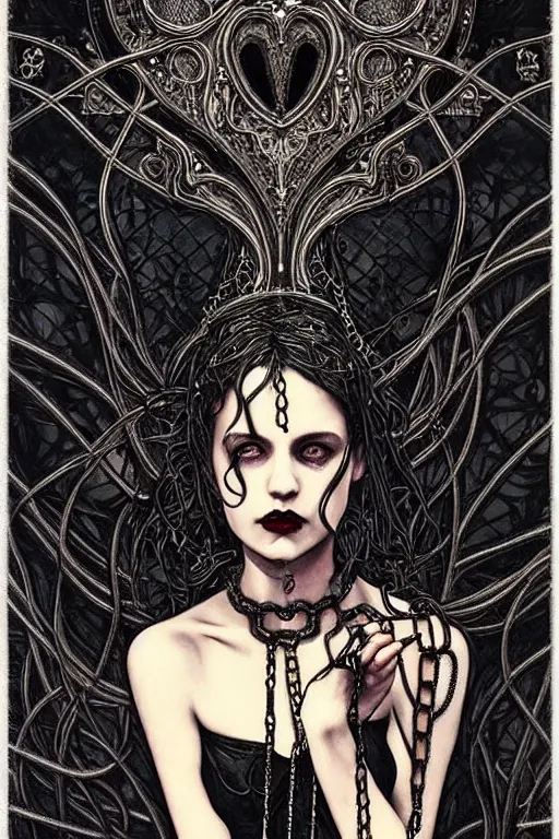 Image similar to dreamy gothic girl, black leather slim clothes, chains, art nouveau, beautiful body, detailed acrylic, grunge, intricate complexity, by dan mumford and by alberto giacometti, peter lindbergh