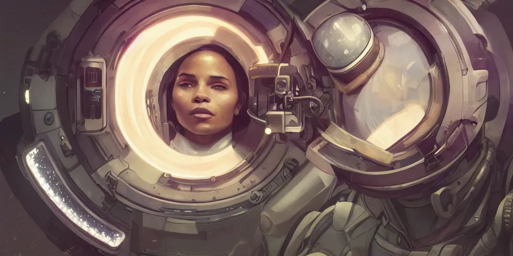 Prompt: Zoe Kravitz with short hair as a retrofuturistic astronaut, helmet with led lights, underwater in the ocean at night, clear water, volumetric lighting, glowing lights, 4k, octane, digital painting, artstation, concept art, cinematic film, sharp focus, illustration, art by artgerm and greg rutkowski and alphonse mucha , wide angle view,