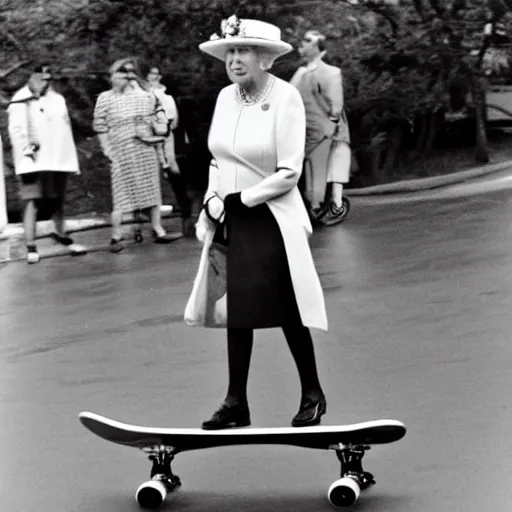 Image similar to queen elizabeth riding a skateboard