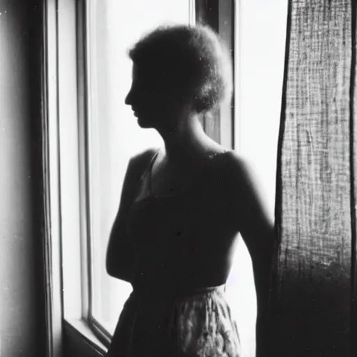 Prompt: beautiful 3 5 mm black and white photo of a woman standing by a window, by maya deren