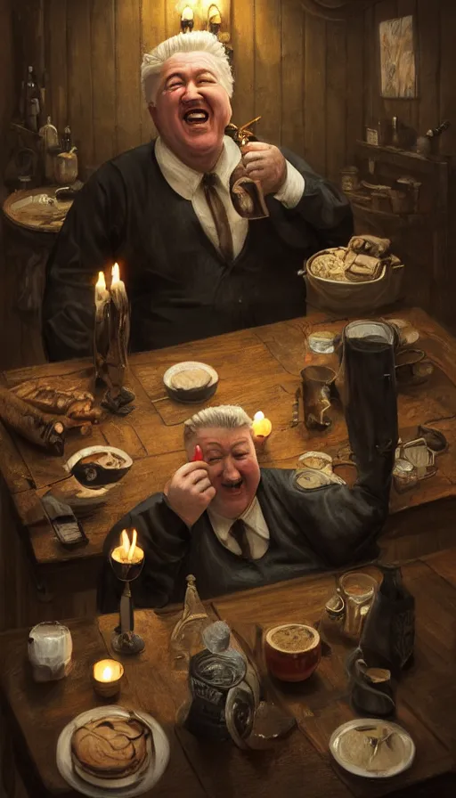 Prompt: david lynch as fat drunk tavern owner, apron, laughing, candles, fame of thrones, warhammer, fibonacci, sweat drops, intricate fashion clothing, insane, intricate, highly detailed, surrealistic, digital painting, artstation, concept art, smooth, sharp focus, illustration, unreal engine 5, 8 k, art by artgerm and greg rutkowski and alphonse mucha