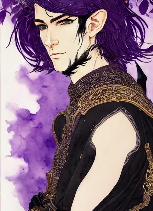 Image similar to half body portrait of a handsome brunette male elven warrior in black and purple. detailed, wearing kimono armour, by conrad roset, takato yomamoto, jesper ejsing, masamune shiro