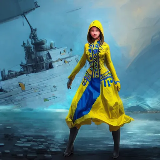 Image similar to ukrainian girl with blue and yellow clothes near big ruined warship, concept art, trending on artstation, highly detailed, intricate, sharp focus, digital art, 8 k