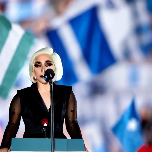 Image similar to Lady Gaga as president, Argentina presidential rally, Argentine flags behind, bokeh, giving a speech, detailed face, Argentina