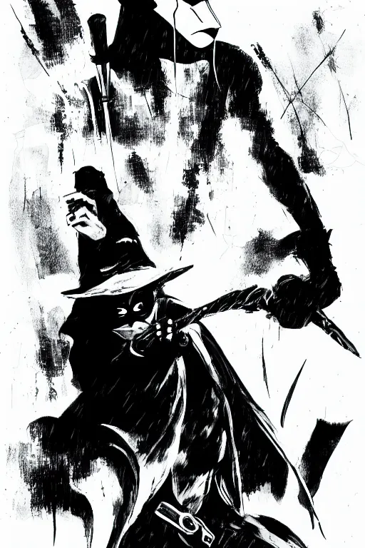 Image similar to black and white illustration of El Zorro, neo noir style, Frank Miller creative design, Josep Tapiró Baró