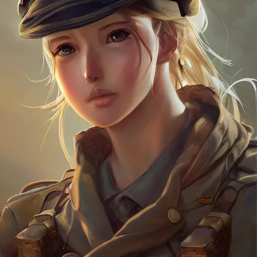 Prompt: anime girl during world war 2, rpg, dnd, oil painting, unreal engine 5, portrait, extremely detailed, artgerm, greg rutkowski greg