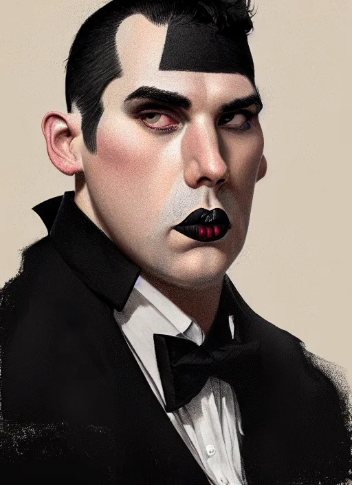 Prompt: portrait of a wide - faced man with a crooked nose and a confident expression, 1 9 6 0 s, black clothes, goth, punk, funk, intricate, elegant, highly detailed, digital painting, artstation, concept art, smooth, sharp focus, illustration, art by wlop, mars ravelo and greg rutkowski