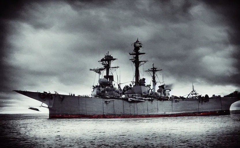 Prompt: portrait photo of ww 2 battleship, guadalcanal, highly detailed, high resolution, history photo, stunning, bokeh soft, shot on 7 0 mm, zenithal lightning, trending on instagram, by award winning photographer, symmetrical mechanical features, shot with a professional camera, low saturation, world war 2, hard surfaces modelling