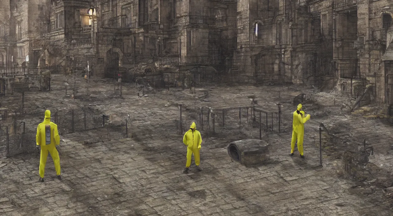 Image similar to a single man in hi viz hazmat suit wanders around a crumbling victorian london sewer, stunning render, high octane, 3 d, cinematic lighting