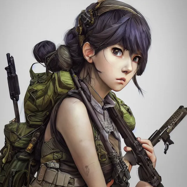 Prompt: the portrait of lawful neutral semi - colorful female infantry sniper as absurdly beautiful, gorgeous, elegant, young anime girl, an ultrafine hyperdetailed illustration by kim jung gi, irakli nadar, intricate linework, bright colors, octopath traveler, final fantasy, unreal engine 5 highly rendered, global illumination, radiant light, detailed and intricate environment