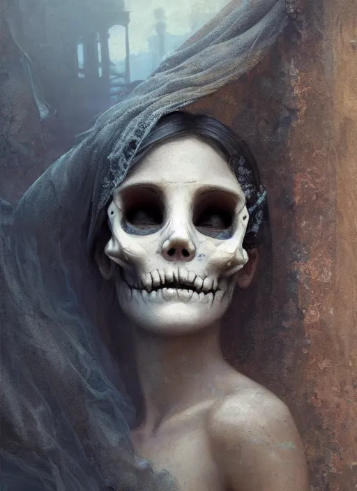 Image similar to close up of a veiled half scull mask girl on the ruins temple, looking at the camera curiously, smog on the floor, extremely beautiful and aesthetic and attractive detailed face and body, chiaroscuro, dynamic pose, fantasy illustrations, by makoto shinkai and jeremy lipking and ferdinand knab