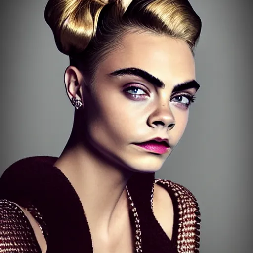 Prompt: portrait of beautiful cara delevingne with a midcentury bombshell hairstyle by mario testino, photo taken in 2 0 2 0, headshot, detailed, award winning, sony a 7 r