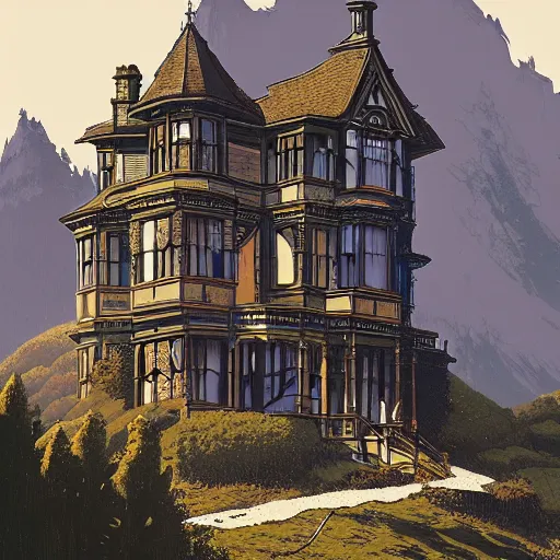 Image similar to illustration of an old victorian mansion, with beautiful mountain heather growing around it, large windows, greg rutkowski, mcbess