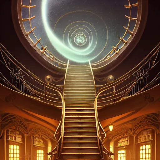 Image similar to big spiral stairways on old ship, inhabited on many levels, flying birds, shining light, strong perspective, clear geometry, architecture, glowing halo, fantasy, intricate, elegant, highly detailed, digital painting, artstation, concept art, smooth, sharp focus, art by anthony macbain + greg rutkowski + alphonse mucha, concept art, 4k, sharp focus, cinematic unreal engine