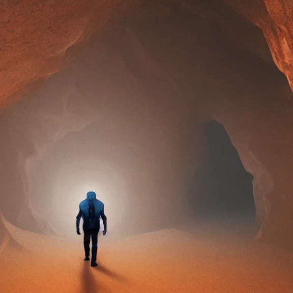 Image similar to portrait of a humanoid alien walking trough a beautiful cave
