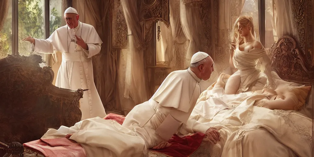 Image similar to photography of a pope making touching a sensual woman in a bedroom, deep focus, intricate, elegant, highly detailed, digital painting, artstation, concept art, matte, sharp focus, illustration, art by artgerm and greg rutkowski and alphonse mucha