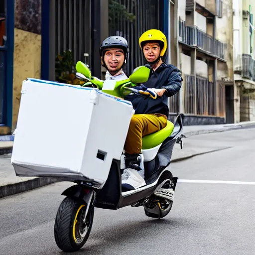 Prompt: delivery driver on scooter delivering boxes, extremely high quality, hd, 4 k, 8 k, artistic, 4 0 mp, cartoo, top - rated, award winning, realistic, sharp, no blur, edited, corrected colour, white background, trending