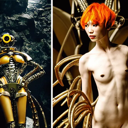 Image similar to still frame from Prometheus movie by Makoto Aida, biomechanical Vespa mandarina angel gynoid, metal couture by neri oxmn and Guo pei, editorial by Malczewski and by Caravaggio