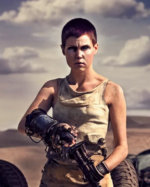 Prompt: photoshoot of ana taylor - joy dressed as a young imperator furiosa in mad max fury road prequel, photoshoot in the style of annie leibovitz, george miller, studio lighting, soft focus 9 mm lens, bokeh