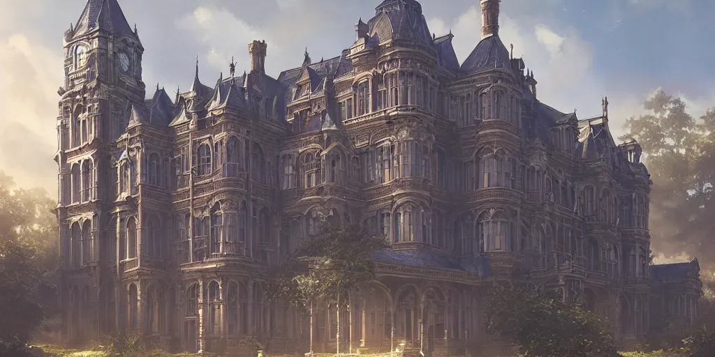 Prompt: portrait of an ornate victorian college building, blue sky, volumetric, well lit, victorian, detailed, realistic, digital art by greg rutkowski and jordan grimmer