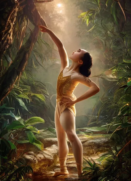 Image similar to stunningly beautiful, asian prima ballerina in jungle, symmetrical face, golden hour, smooth, focus, highly detailed, hyper realistic, dramatic lighting, elegant, intricate, concept art, art by wlop, mars ravelo, greg rutowski