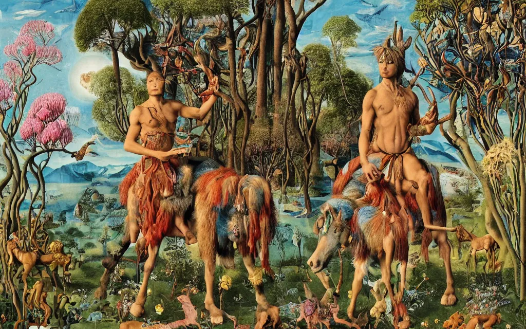 Image similar to photograph of a meditating centaur shaman and a striped werewolf feeding animals. surrounded by bulbous flowers, animals and a few trees. river delta with rock cliffs under a blue sky full of burning stars. painted by jan van eyck, max ernst, ernst haeckel, ernst fuchs and artgerm. trending on artstation, trending on cgsociety