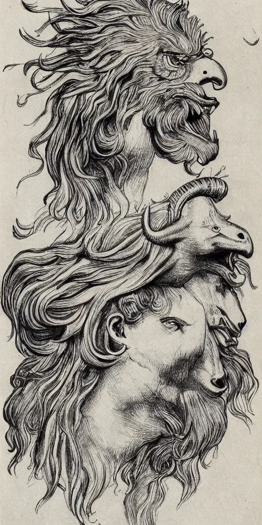 Image similar to human / eagle / lion / ox hybrid. horns, beak, mane, human body. drawn by da vinci