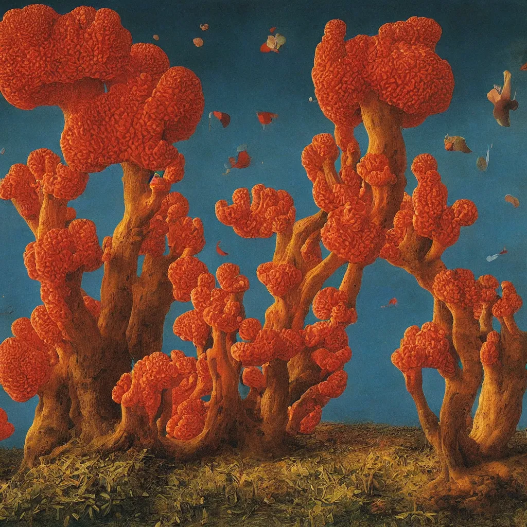 Image similar to a single! colorful! ( coral ) fungus tower clear empty sky, a high contrast!! ultradetailed photorealistic painting by jan van eyck, audubon, rene magritte, agnes pelton, max ernst, walton ford, andreas achenbach, ernst haeckel, hard lighting, masterpiece