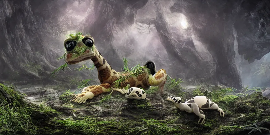 Prompt: alien giraffe panda frog on alien planet, lowbrow, 8 k, matte painting,