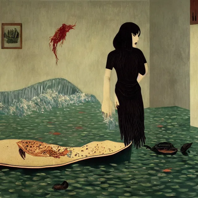 Prompt: tall emo female artist holding a large fish in her flooded apartment, seaweed, pomegranates, octopus, water gushing from ceiling, painting of flood inside an artist's apartment, a river flooding indoors, ikebana, zen, rapids, waterfall, black swans, canoe, berries, acrylic on canvas, surrealist, by magritte and monet