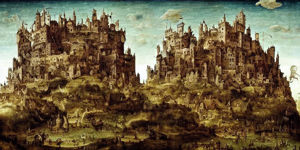 Image similar to laputa : castle in the sky in the style of heironymus bosch, intricate masterpiece, hyper detailed, hd