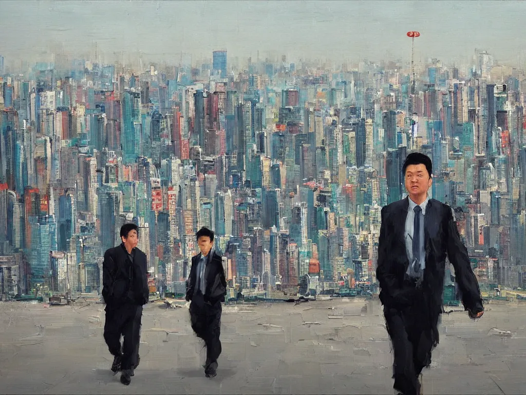 Prompt: ‘The Center of the World’ (Liu Xiaodong oil painting, large brushstrokes, colorful city landscape) was filmed in Beijing in April 2013 depicting a white collar office worker. A man in his early thirties – the first single-child-generation in China. Representing a new image of an idealized urban successful booming China.
