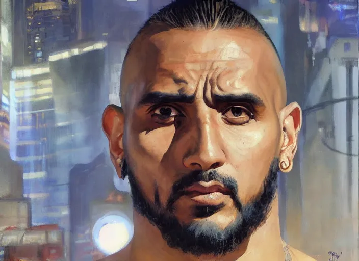 Prompt: a highly detailed beautiful portrait of arturo vidal cyberpunk, by gregory manchess, james gurney, james jean