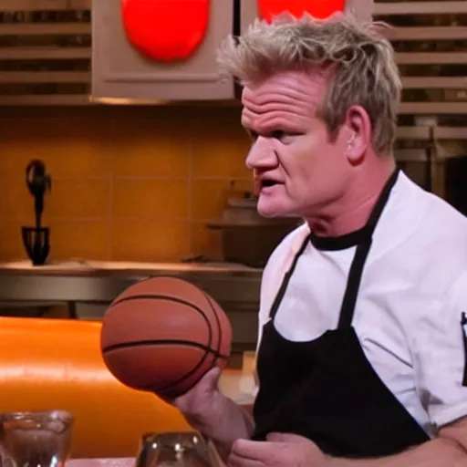 Prompt: angry!! gordon ramsey eating a basketball, tv still