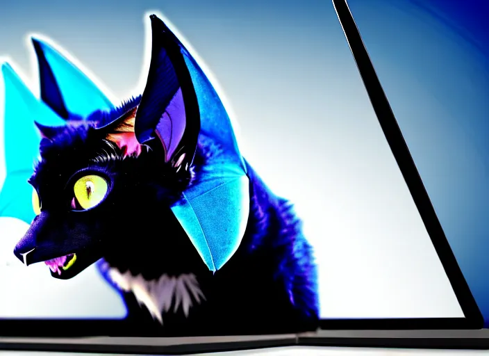 Image similar to a blue - and - black male catbat fursona with blue / green heterochromatic eyes ( differently - colored eyes, one eye green, one eye blue ) and huge bat ears, photo of the catbat streaming on his computer