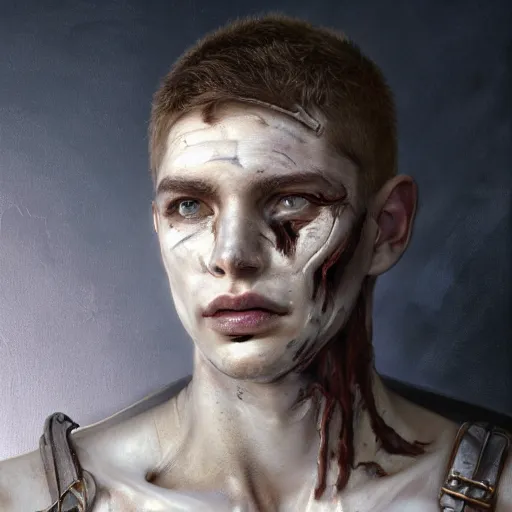 Image similar to portrait painting of a bitter young man with severe burn scars on his cheek and uneven very short hair wearing tattered leather armor, ultra realistic, concept art, intricate details, eerie, highly detailed, photorealistic, octane render, 8 k, unreal engine. art by artgerm and greg rutkowski and charlie bowater and magali villeneuve and alphonse mucha