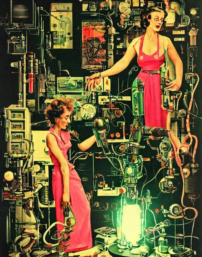 Image similar to a female mad scientist building a retro robotic!!! man!!!, in a darkly lit laboratory room, 1 9 5 0 s horror film movie poster style, ( norman rockwell oil painting ), retro science fiction, vintage, saturated pink and green lighting, shadowy lighting