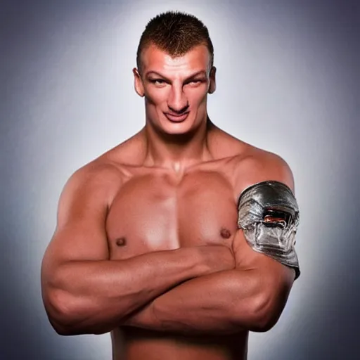 Image similar to “a realistic detailed photo of a guy who is an attractive humanoid who is half robot and half humanoid, who is a male android, football player Rob Gronk, shiny skin, posing like a statue, blank stare”