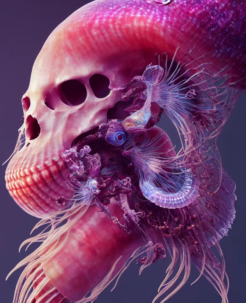 Image similar to goddess close-up portrait animal skull. jellyfish phoenix head, nautilus, orchid, skull, betta fish, bioluminiscent creatures, intricate artwork by Tooth Wu and wlop and beeple. octane render, trending on artstation, greg rutkowski very coherent symmetrical artwork. cinematic, hyper realism, high detail, octane render, 8k