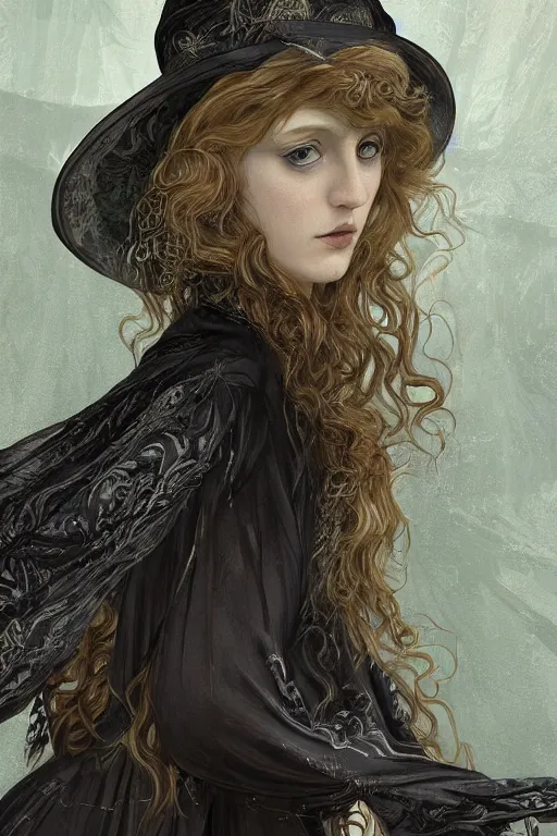 Image similar to An extremely beautiful pre-raphaelite portrait of a very beautiful and cute witch, surreal, ultradetailed, intricate, elegant, digital art painting, concept art, smooth, sharp focus, poster art, art cover illustration, regal, award winning picture, extremely detailed masterpiece, sense of awe, featured on artstation, Artgerm, effervescent punk kawaii-noir pastel bubbles, winning award piece, ethereal rainbows, Aetherpunk, low-key neon lightning, stormy weather, Exquisite details, 8K detail post-processing, matte, oil painting