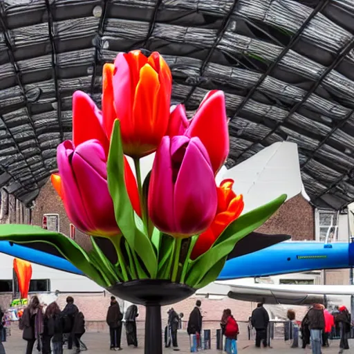 Image similar to sculpture of a plane made out of tulips, amsterdam show, realistic, 4 k, very detailed