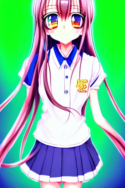 Image similar to full body anime portrait of a cute girl round eyes long hair dressed in a school uniform cinematic stunning highly detailed 4 k neon anatomically correct